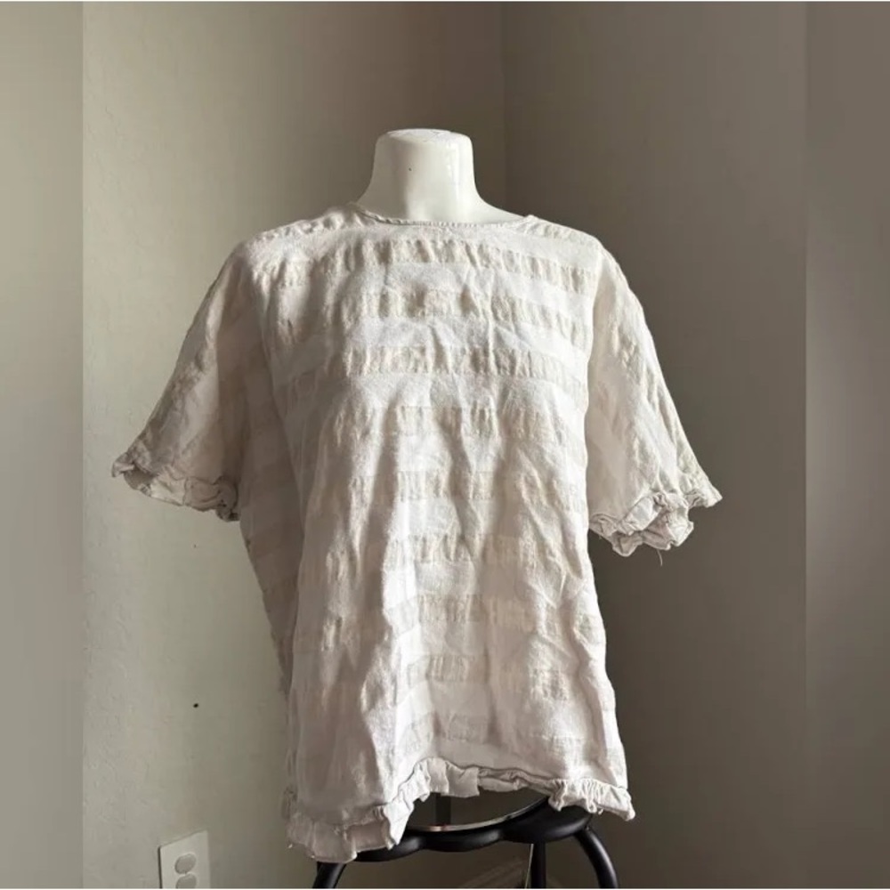 Striped linen blend blouse with ruffle detail